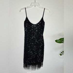 B13 Cache Silk Lined Black Sequin Fringe Mini Dress Great Gatsby Sz 4 Whimsy Y2K
